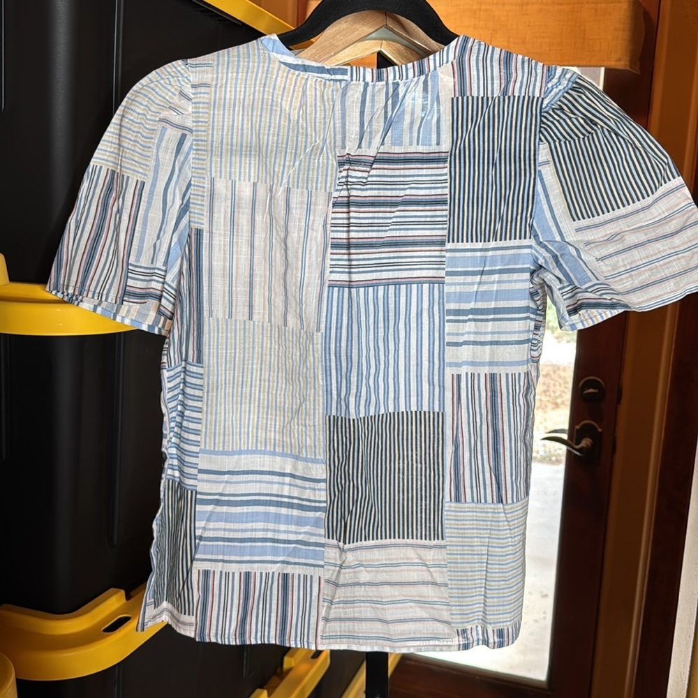 NWOT LOFT Laguna Blue Patchwork Stripe Blouse XSP Petite Cotton Tie Neck Top - Picture 9 of 9